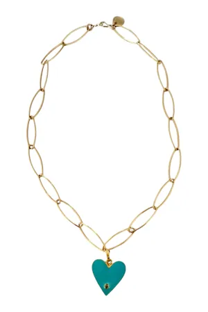 14K Gold Filled Oval Chain with Gold Vermeil, Turquoise Enamel & Pave Diamond Heart