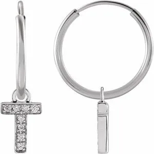 14K White .03 CTW Natural Diamond Single Initial T Hoop Earring