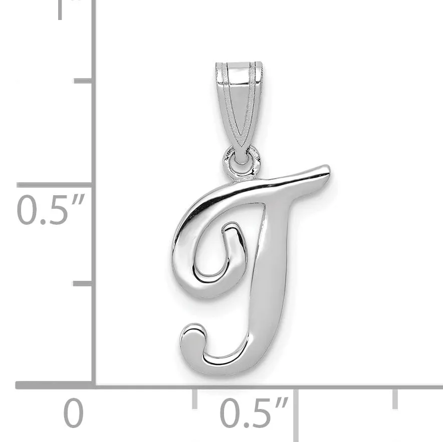 14K White Gold Medium Size Script Design Letter T Initial Charm Pendant