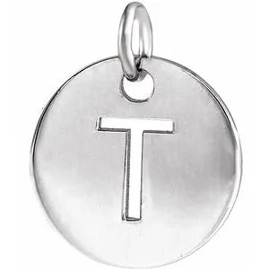 14K White Initial T 10 mm Disc Pendant