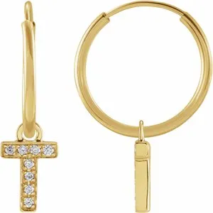 14K Yellow .03 CTW Natural Diamond Single Initial T Hoop Earring