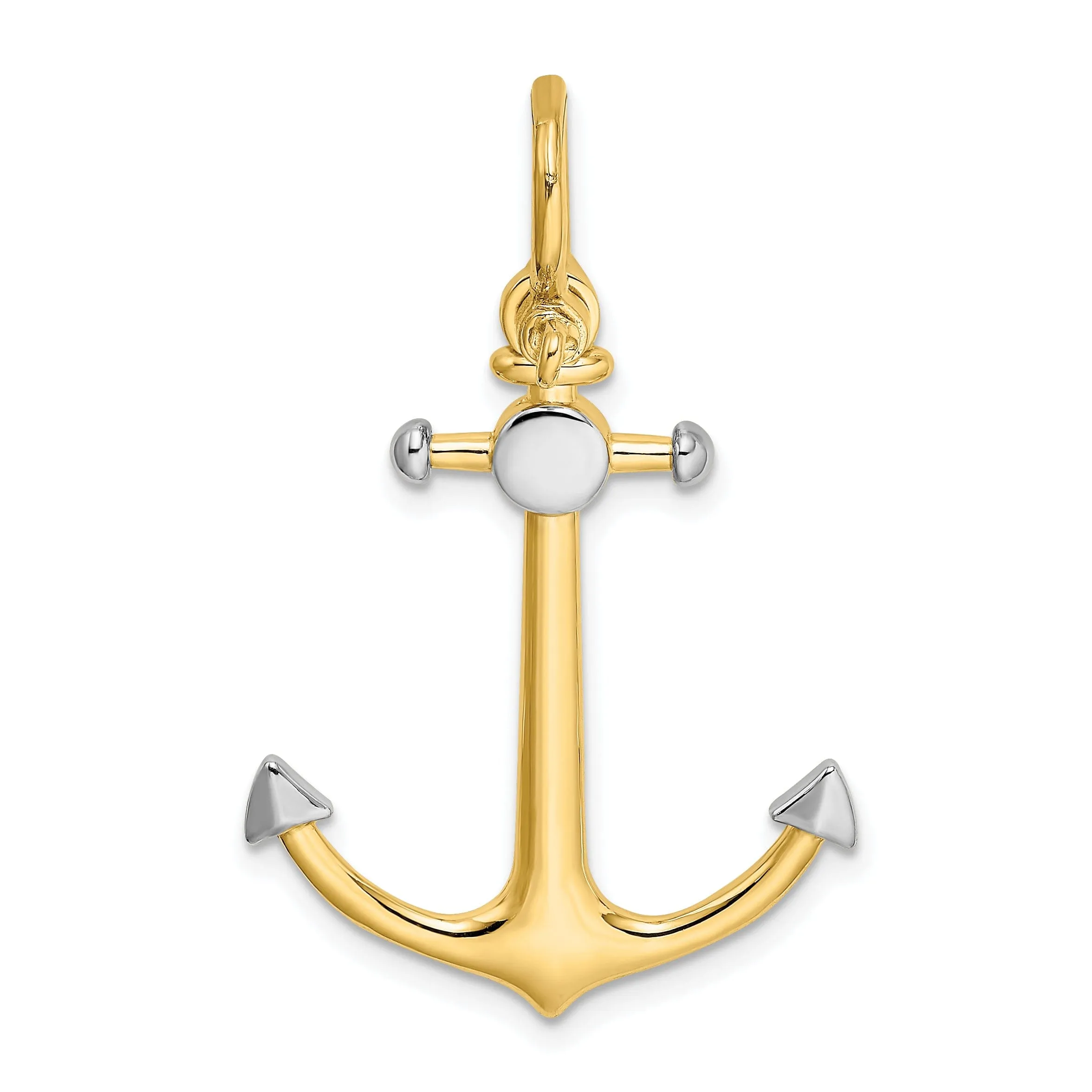 14K Yellow Gold Rhodium Polished Finish 3-Dimensional Anchor with Long T Bar and Shackle Bail Charm Pendant