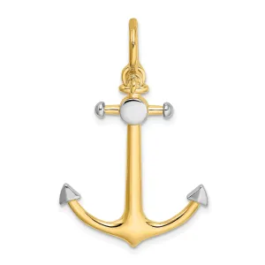 14K Yellow Gold Rhodium Polished Finish 3-Dimensional Anchor with Long T Bar and Shackle Bail Charm Pendant