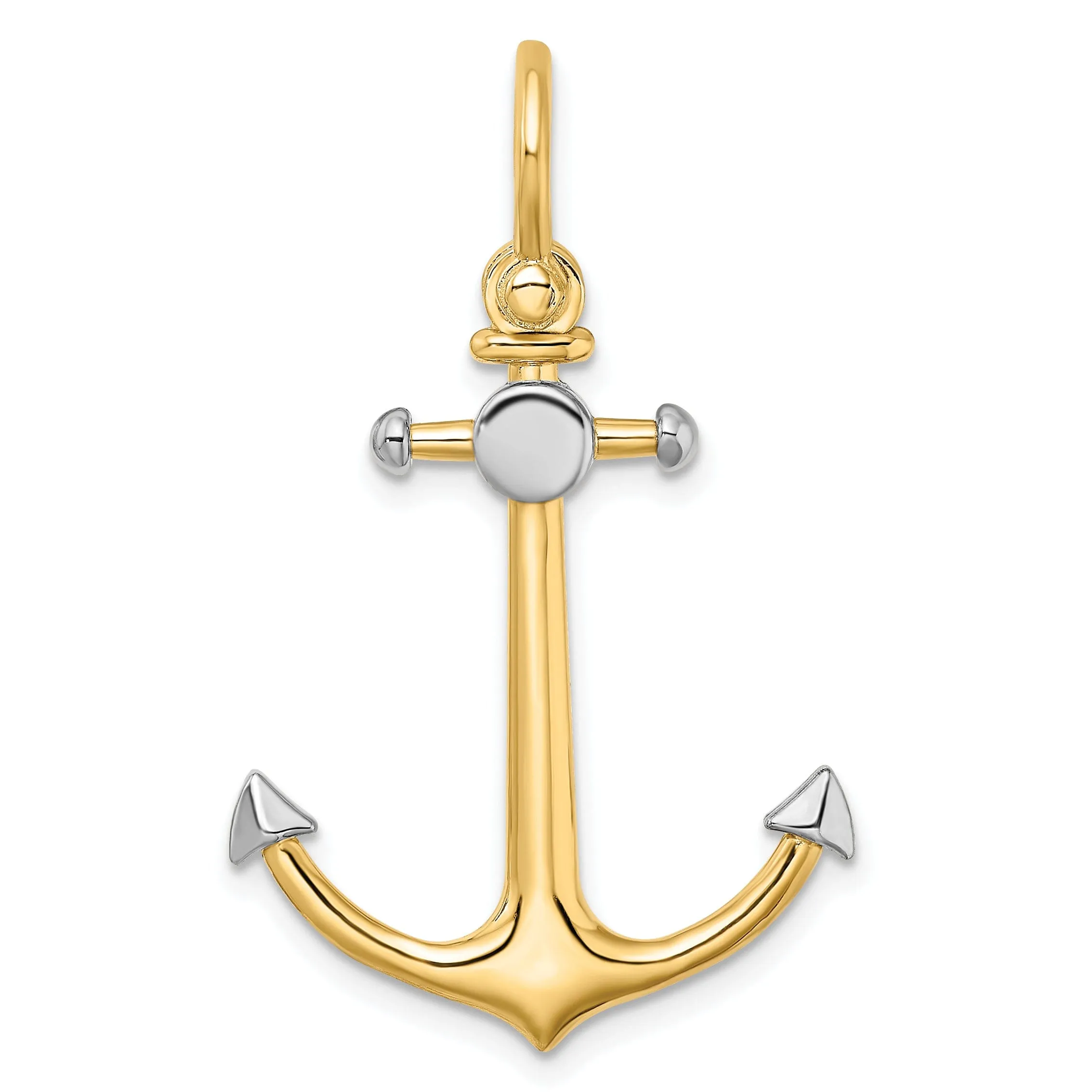14K Yellow Gold Rhodium Polished Finish 3-Dimensional Anchor with Long T Bar and Shackle Bail Charm Pendant
