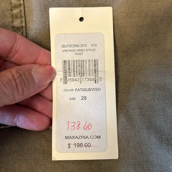 28.5” Tan BCBG Max Azria Cargo Jeans NWT Tag Size 27