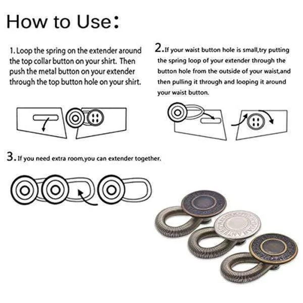 6pcs Unisex Jeans Pants Instant Fix Waist Extender Metal Freedom Elastic Buttons