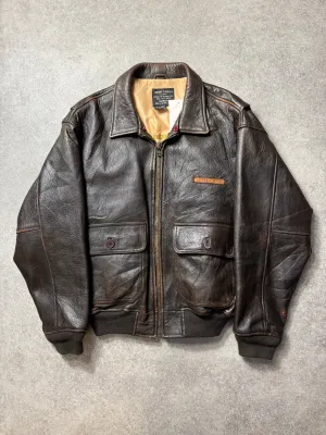 Avirex G-1 Leather Logo Detail Embroidered Lining Brown Leather Bomber Jacket