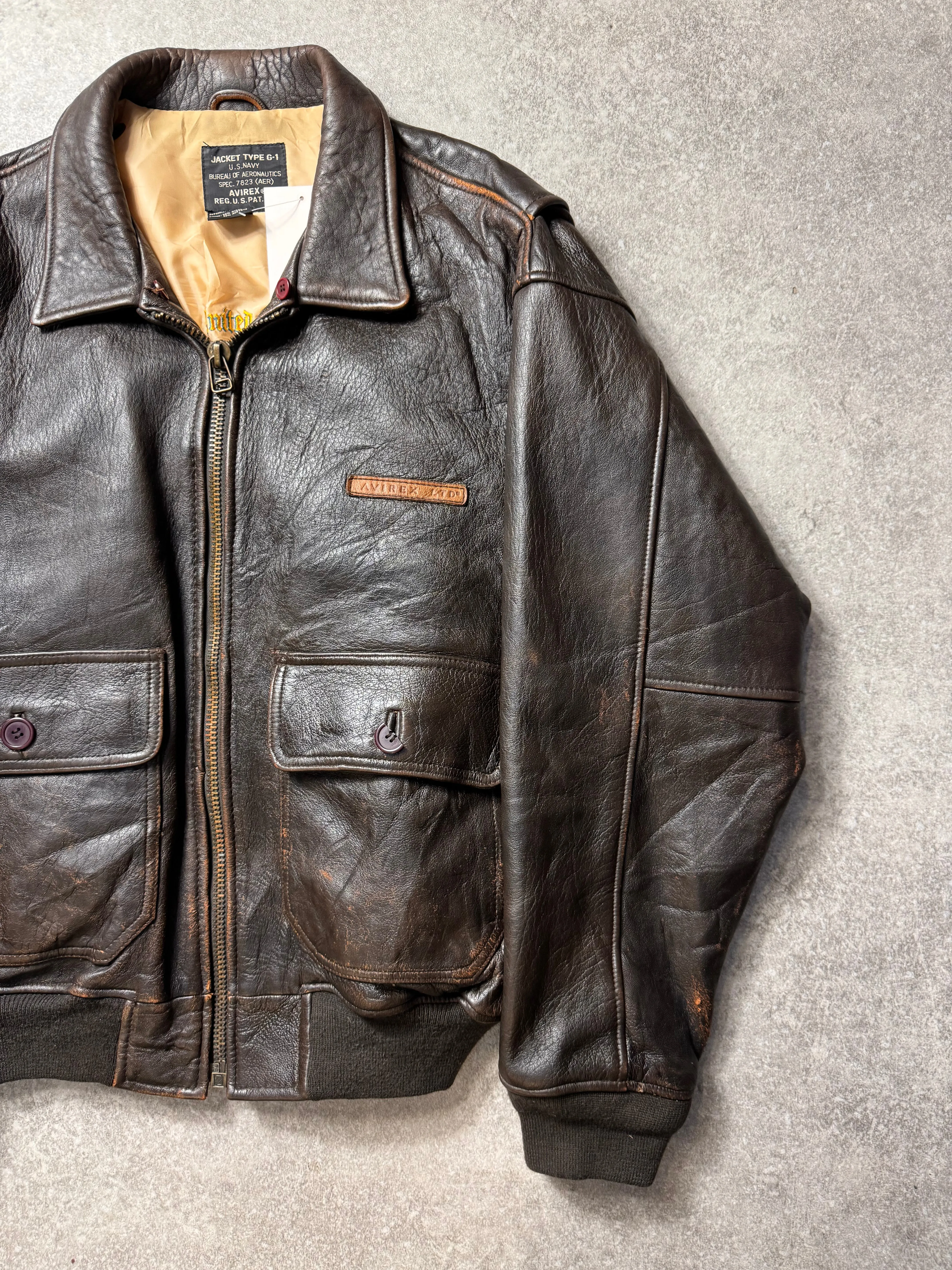 Avirex G-1 Leather Logo Detail Embroidered Lining Brown Leather Bomber Jacket