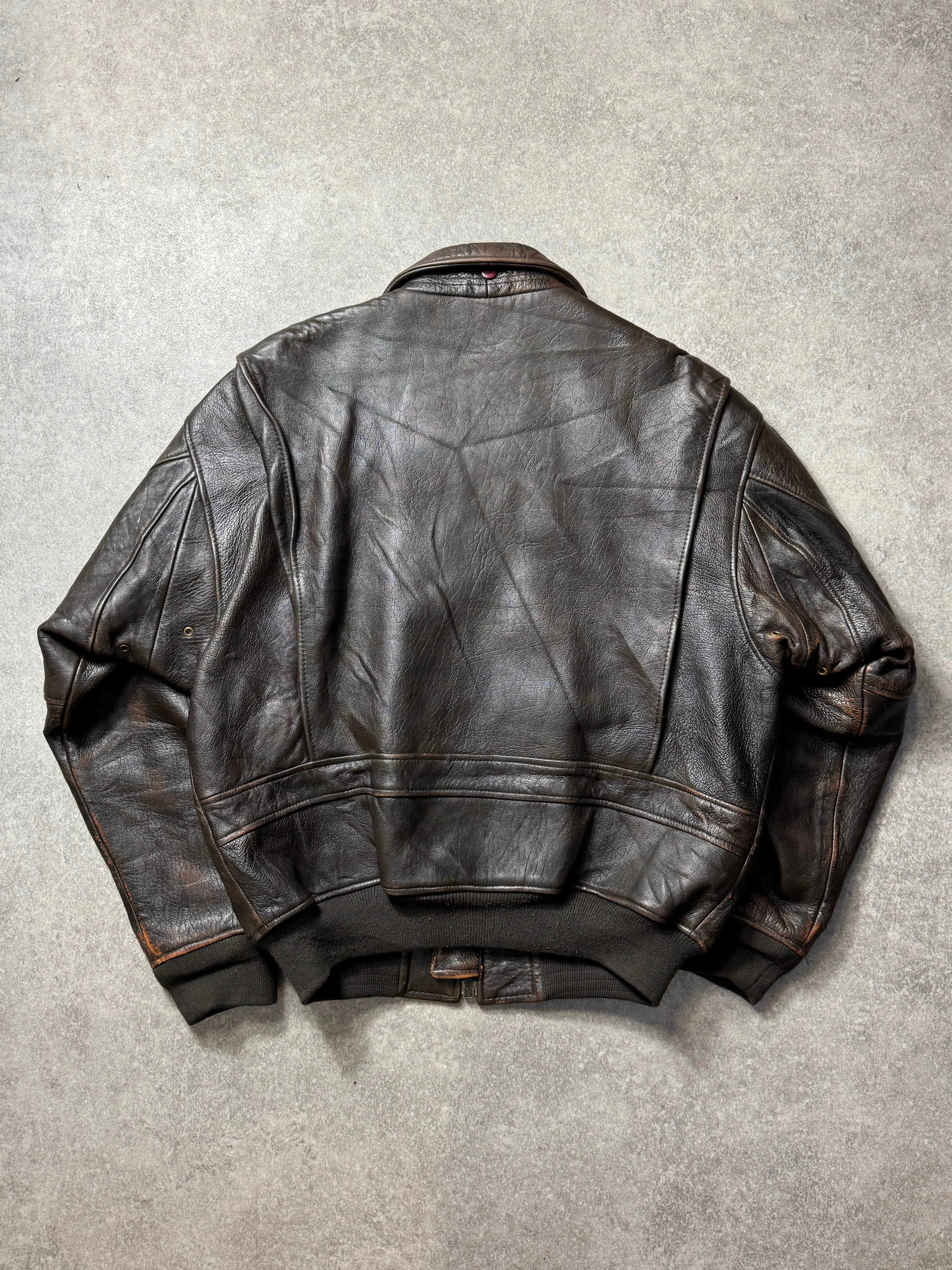 Avirex G-1 Leather Logo Detail Embroidered Lining Brown Leather Bomber Jacket