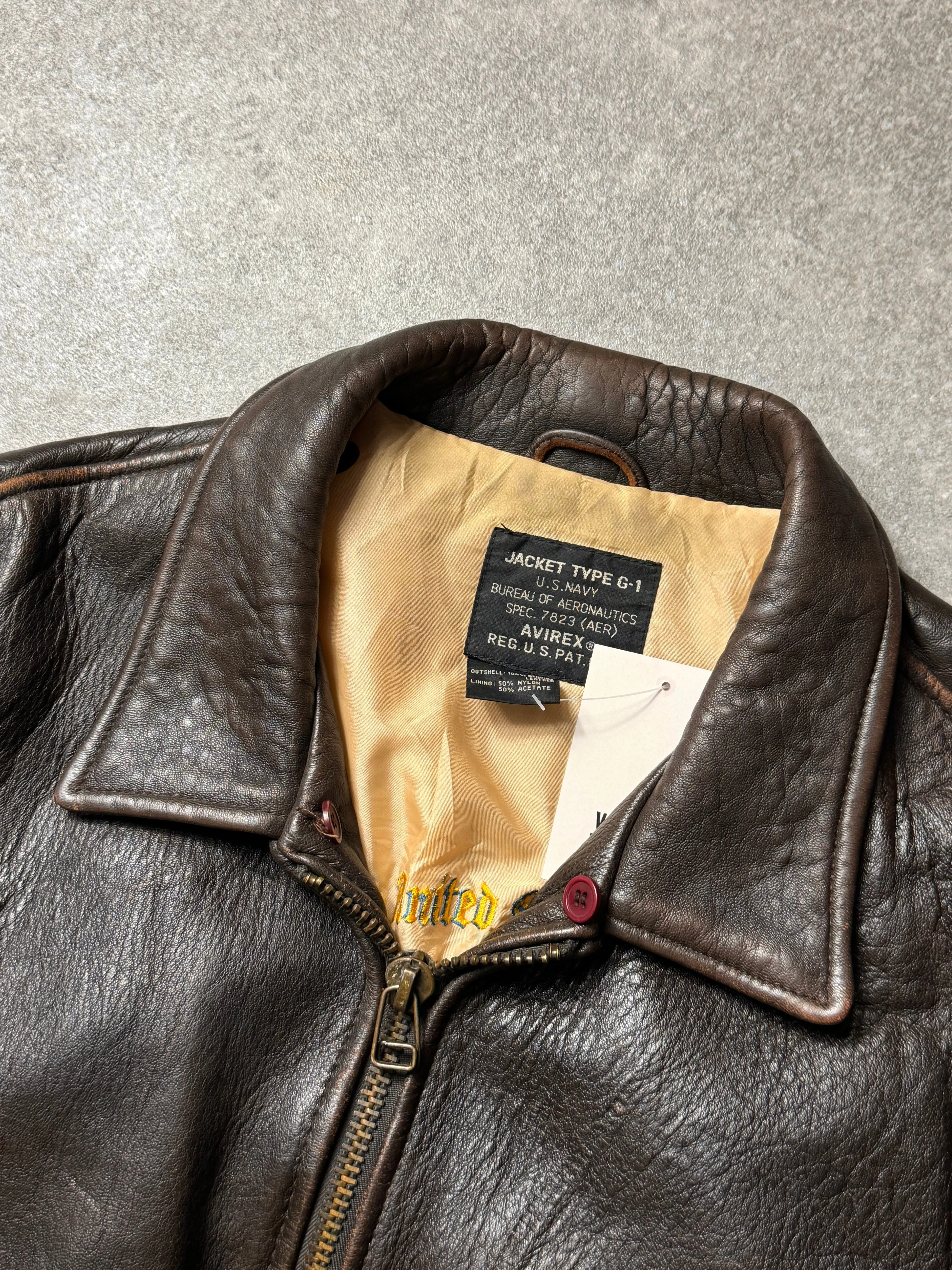 Avirex G-1 Leather Logo Detail Embroidered Lining Brown Leather Bomber Jacket