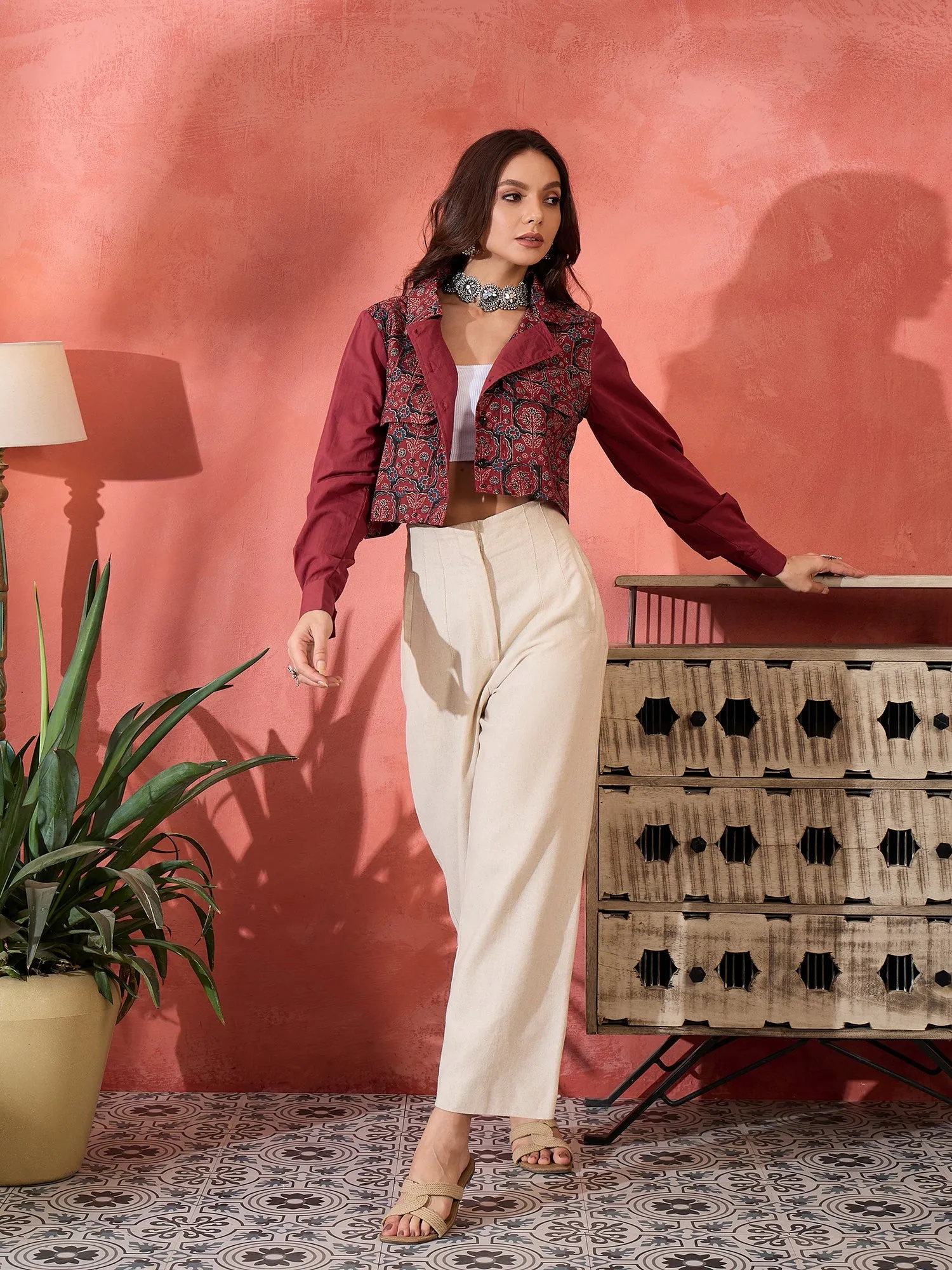 Barn Red Blue Kalamkari Pocket Jacket