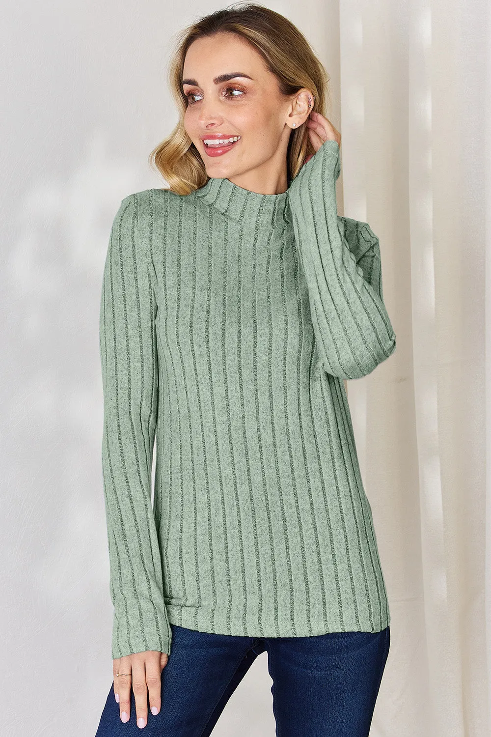 Basic Bae Ribbed Mock Neck T-Shirt Long Sleeve Stylish Comfortable Slim Fit