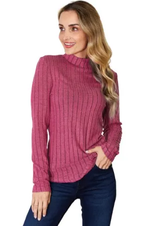 Basic Bae Ribbed Mock Neck T-Shirt Long Sleeve Stylish Comfortable Slim Fit