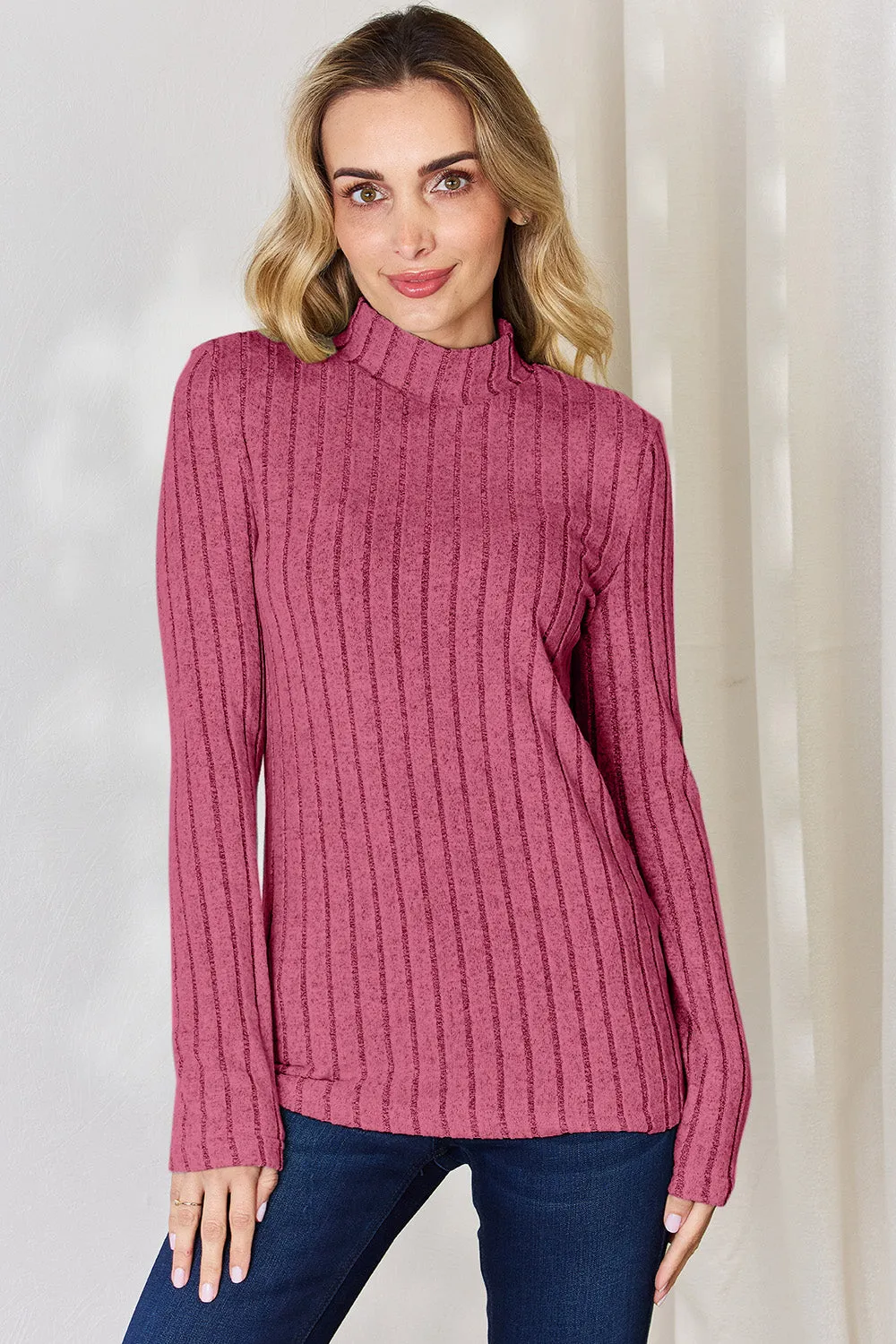 Basic Bae Ribbed Mock Neck T-Shirt Long Sleeve Stylish Comfortable Slim Fit