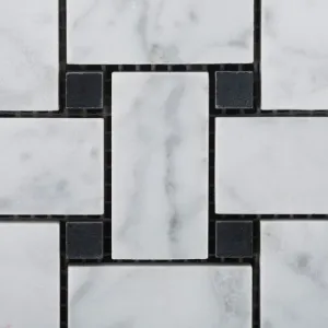 Bianco White Carrara Marble Basketweave with Black Dot POLISHED Mosaic Tile on 12x12 Sheet - Lot of 50 sqf