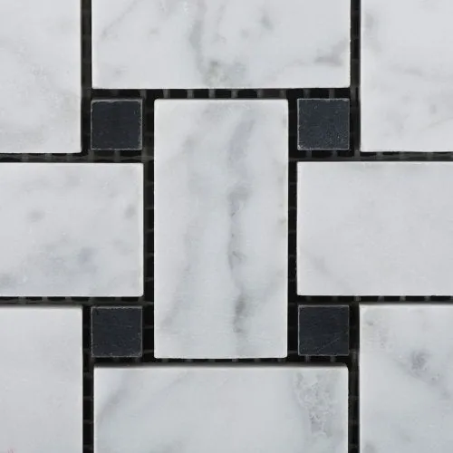 Bianco White Carrara Marble Basketweave with Black Dot POLISHED Mosaic Tile on 12x12 Sheet - Lot of 50 sqf