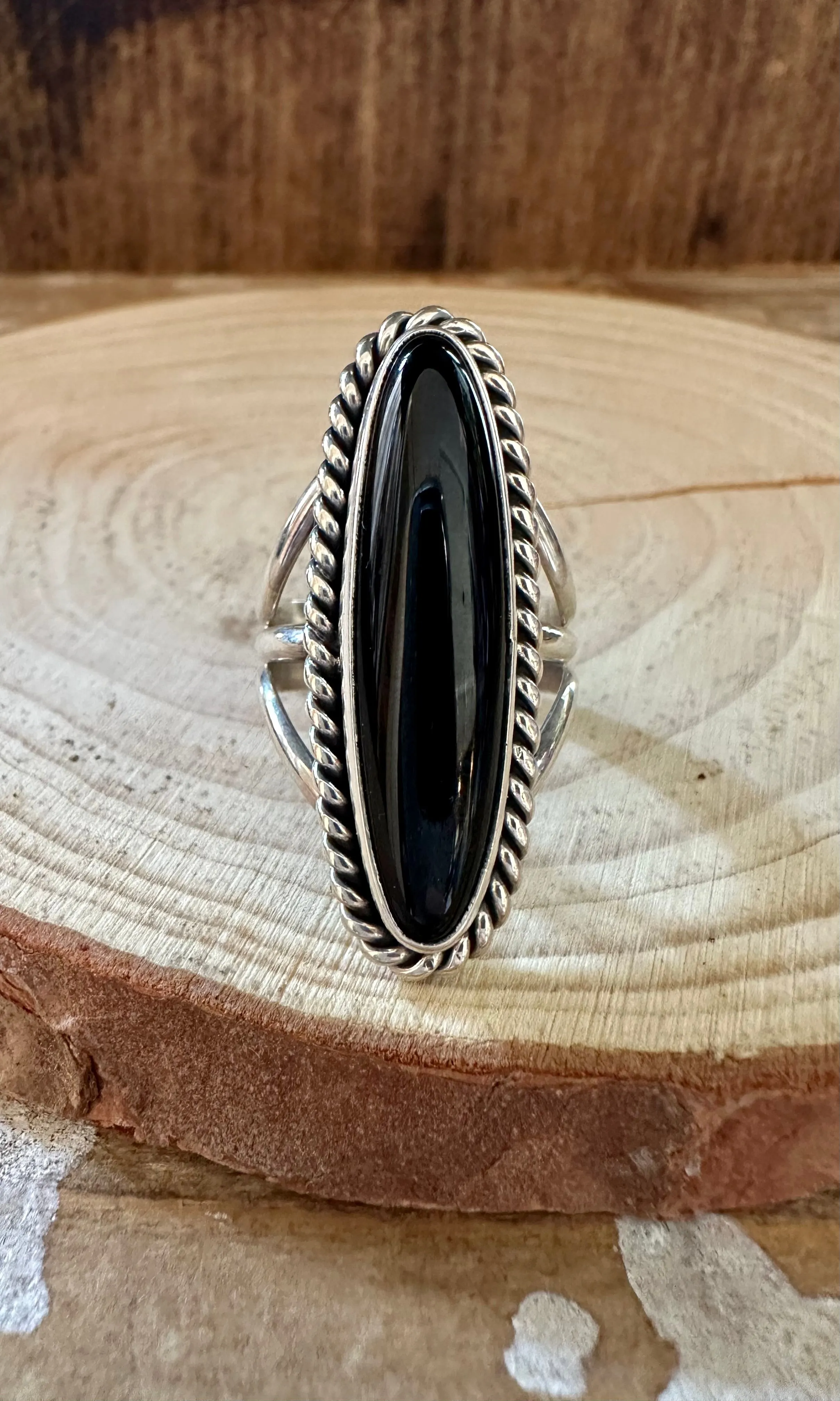 BLACK ONYX DROPLET Silver Ring • Size 7