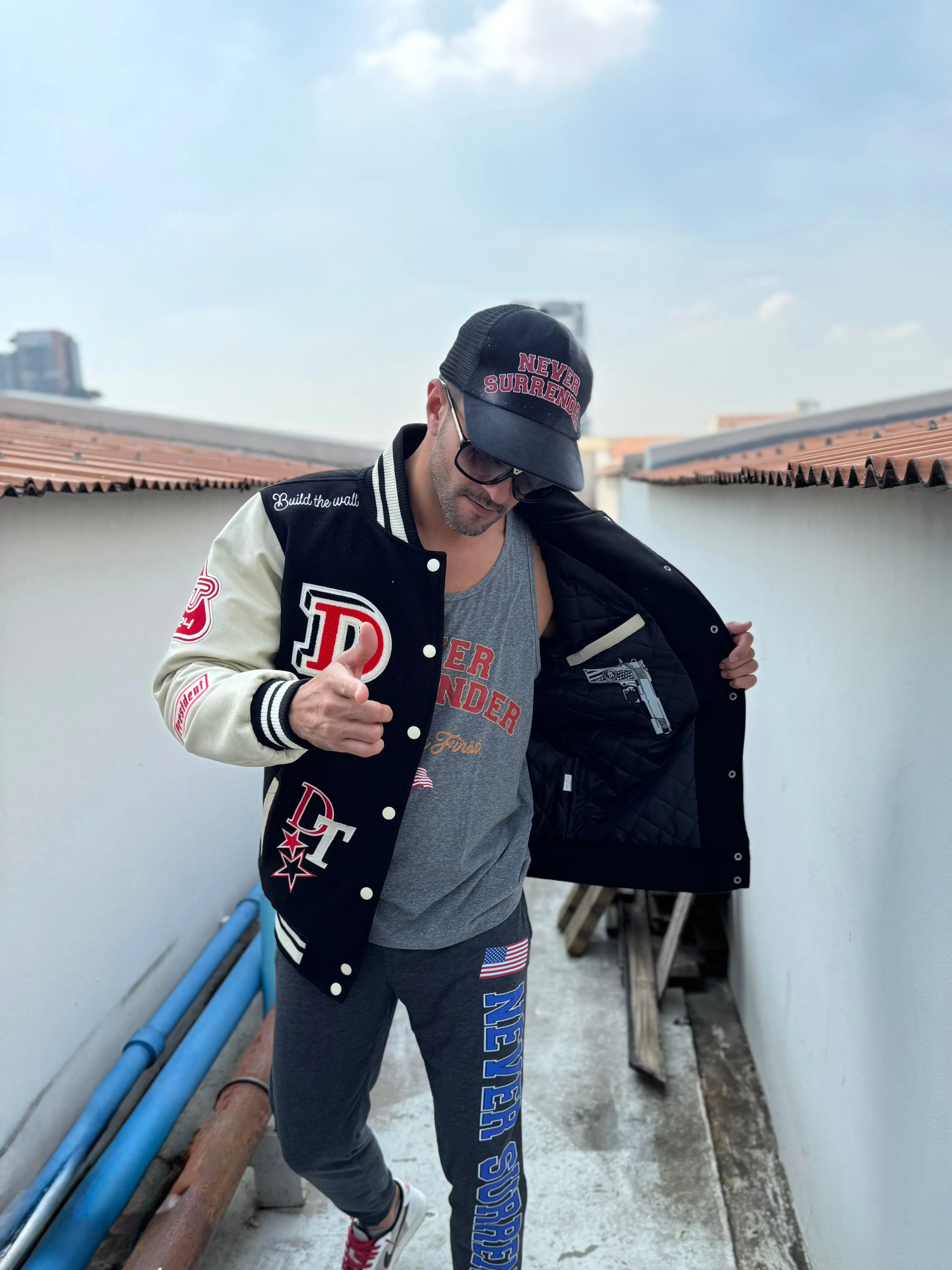 Black Varsity Jacket Never Surrender Wear