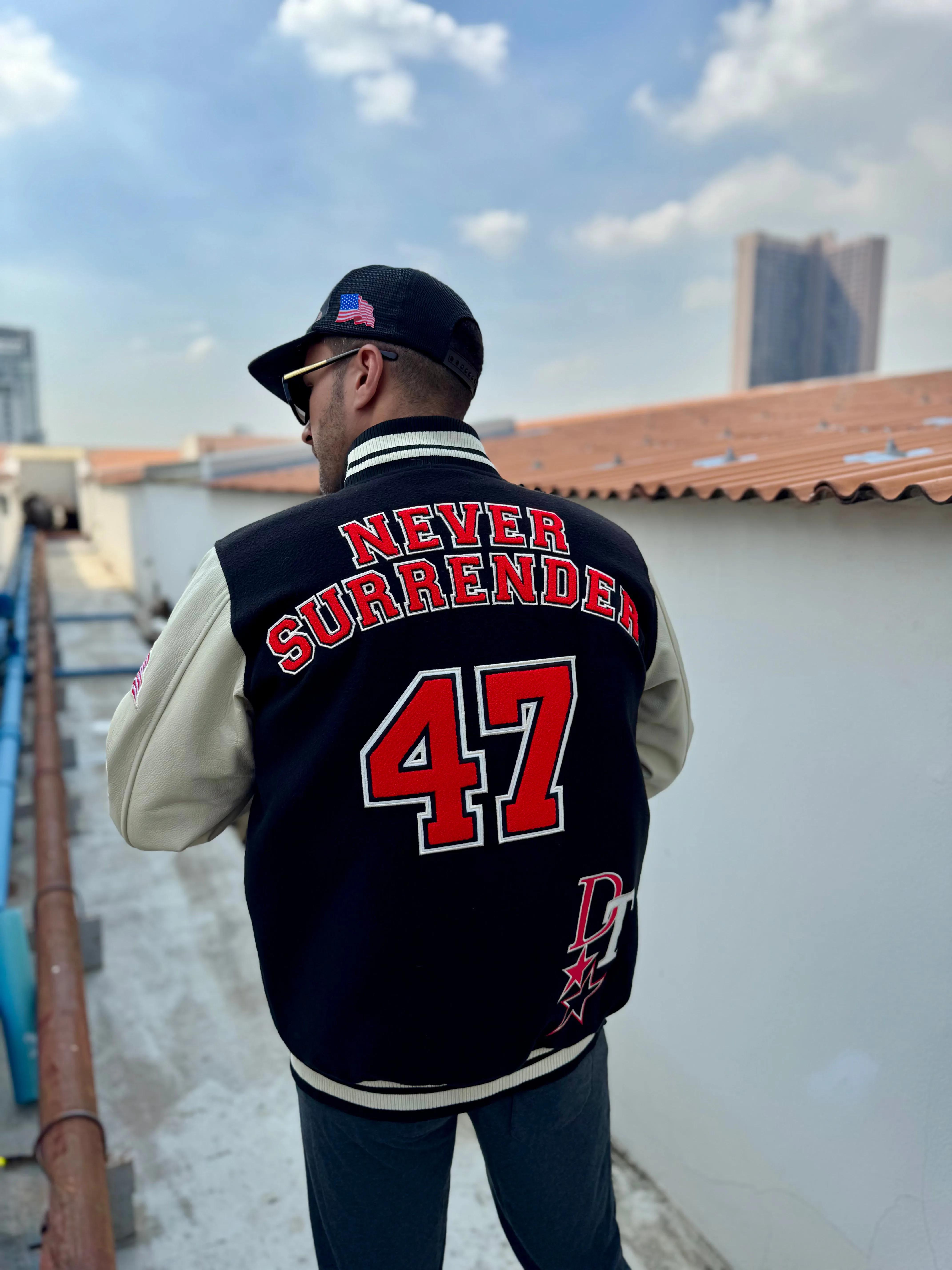Black Varsity Jacket Never Surrender Wear