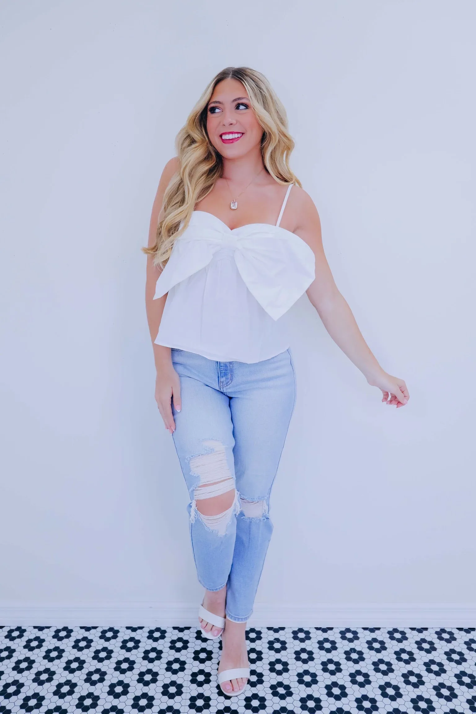 Bow Detail Cotton Top - White