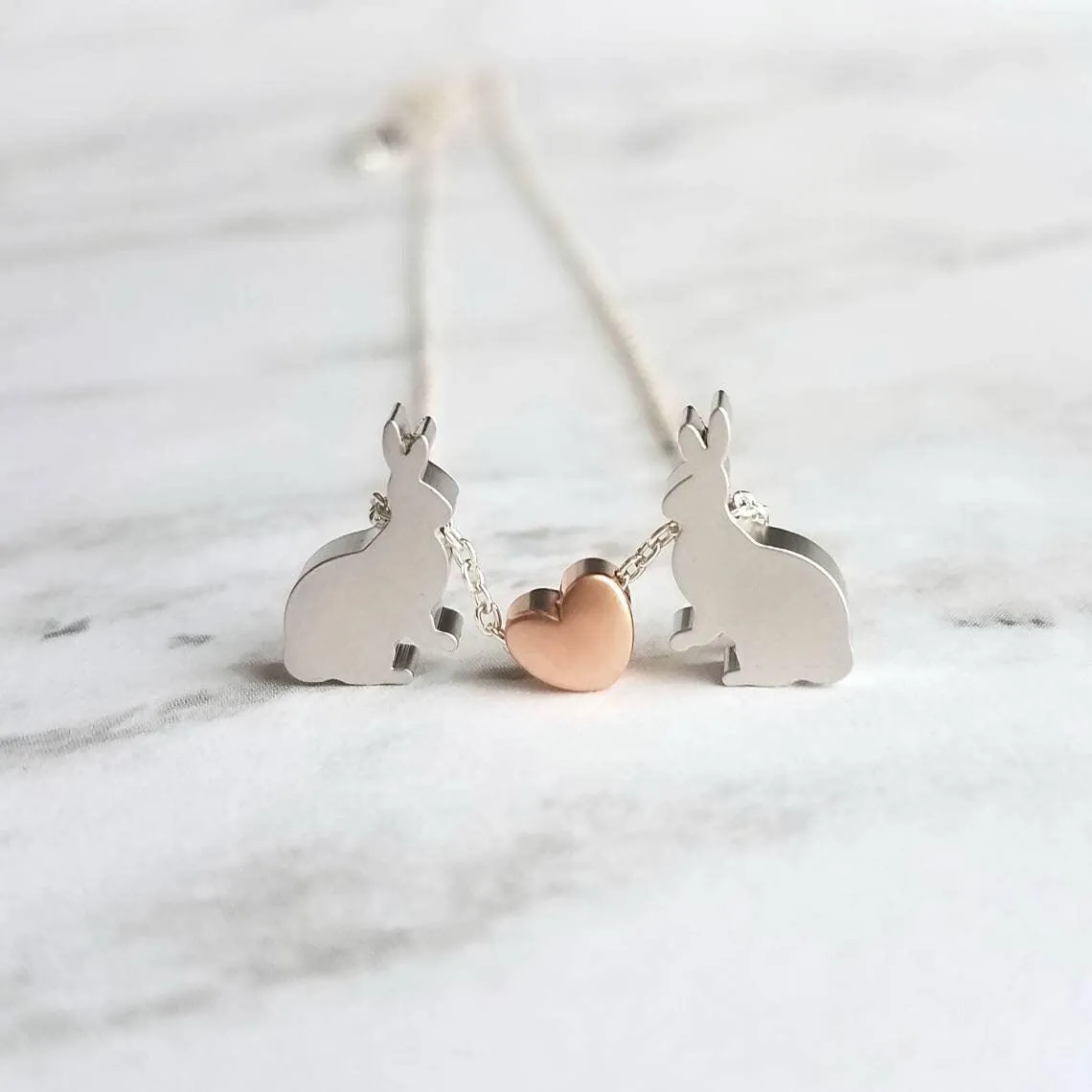 Bunny Necklace, small silver rabbit necklace, rose gold heart charm, .925 sterling silver chain, bunny love necklace, girlfriend Easter gift
