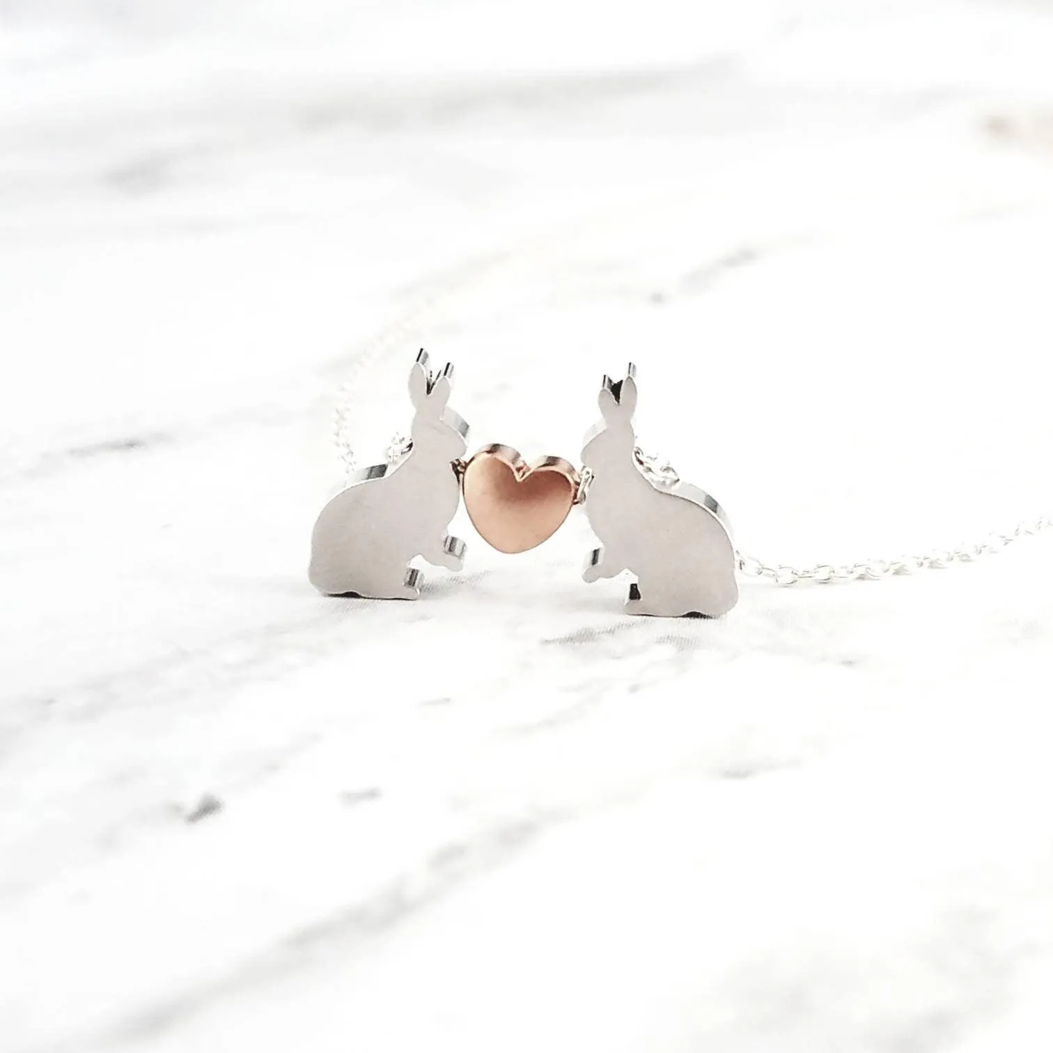 Bunny Necklace, small silver rabbit necklace, rose gold heart charm, .925 sterling silver chain, bunny love necklace, girlfriend Easter gift
