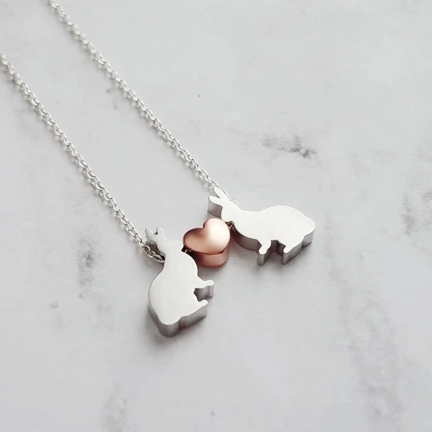 Bunny Necklace, small silver rabbit necklace, rose gold heart charm, .925 sterling silver chain, bunny love necklace, girlfriend Easter gift