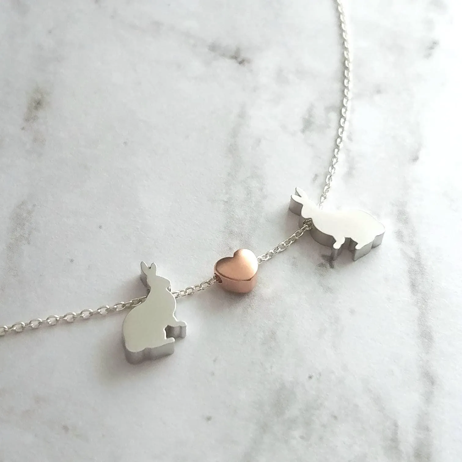 Bunny Necklace, small silver rabbit necklace, rose gold heart charm, .925 sterling silver chain, bunny love necklace, girlfriend Easter gift