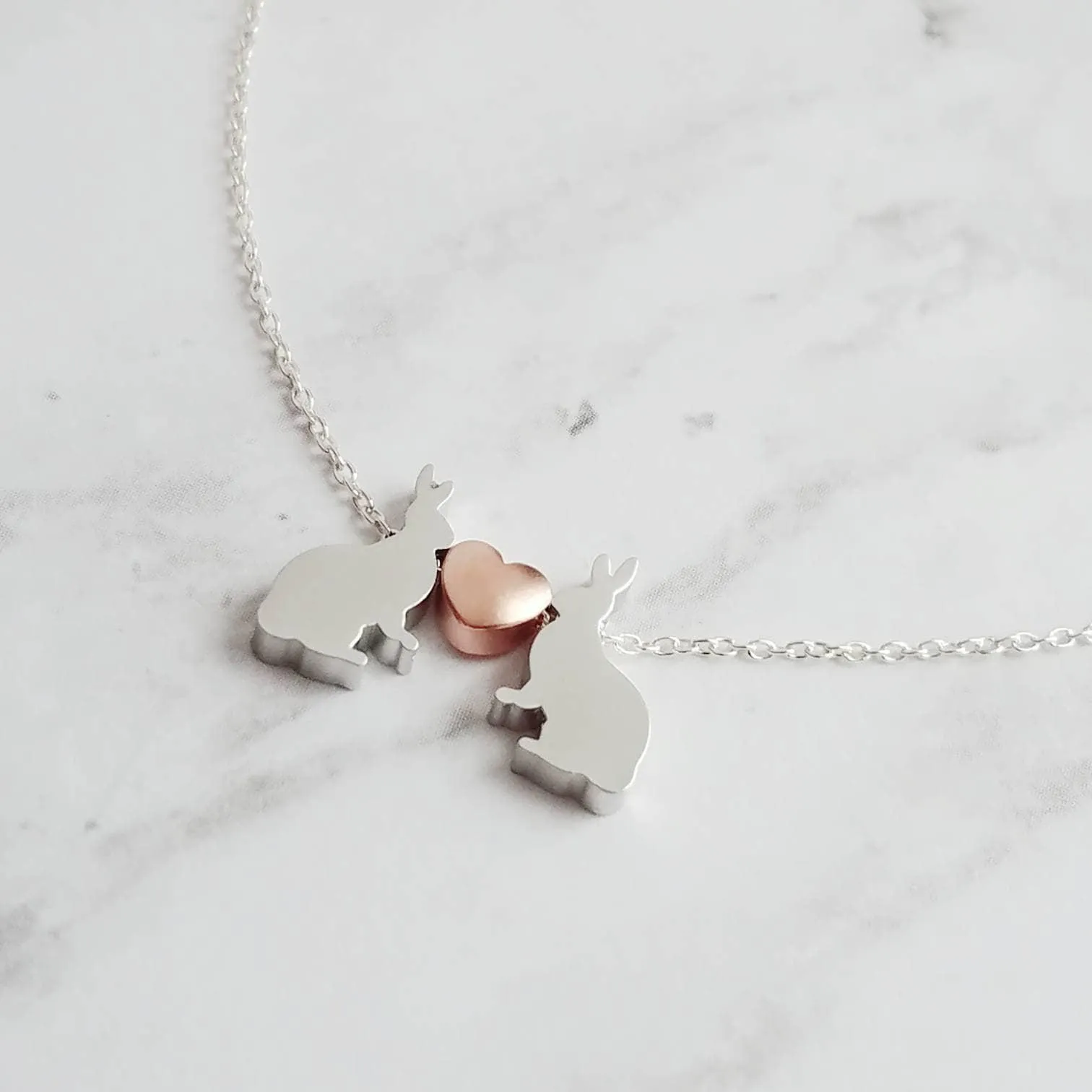 Bunny Necklace, small silver rabbit necklace, rose gold heart charm, .925 sterling silver chain, bunny love necklace, girlfriend Easter gift