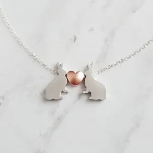 Bunny Necklace, small silver rabbit necklace, rose gold heart charm, .925 sterling silver chain, bunny love necklace, girlfriend Easter gift
