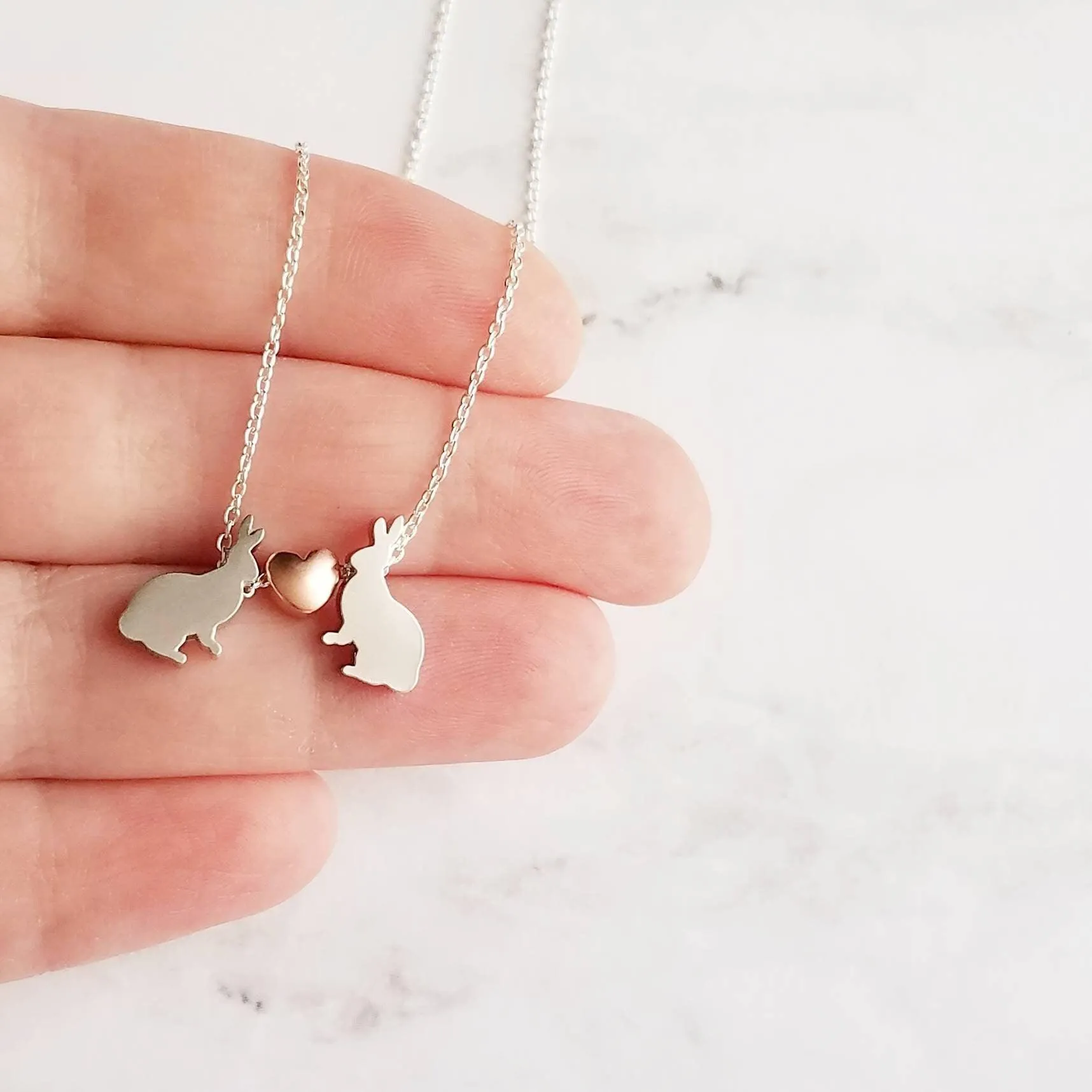 Bunny Necklace, small silver rabbit necklace, rose gold heart charm, .925 sterling silver chain, bunny love necklace, girlfriend Easter gift
