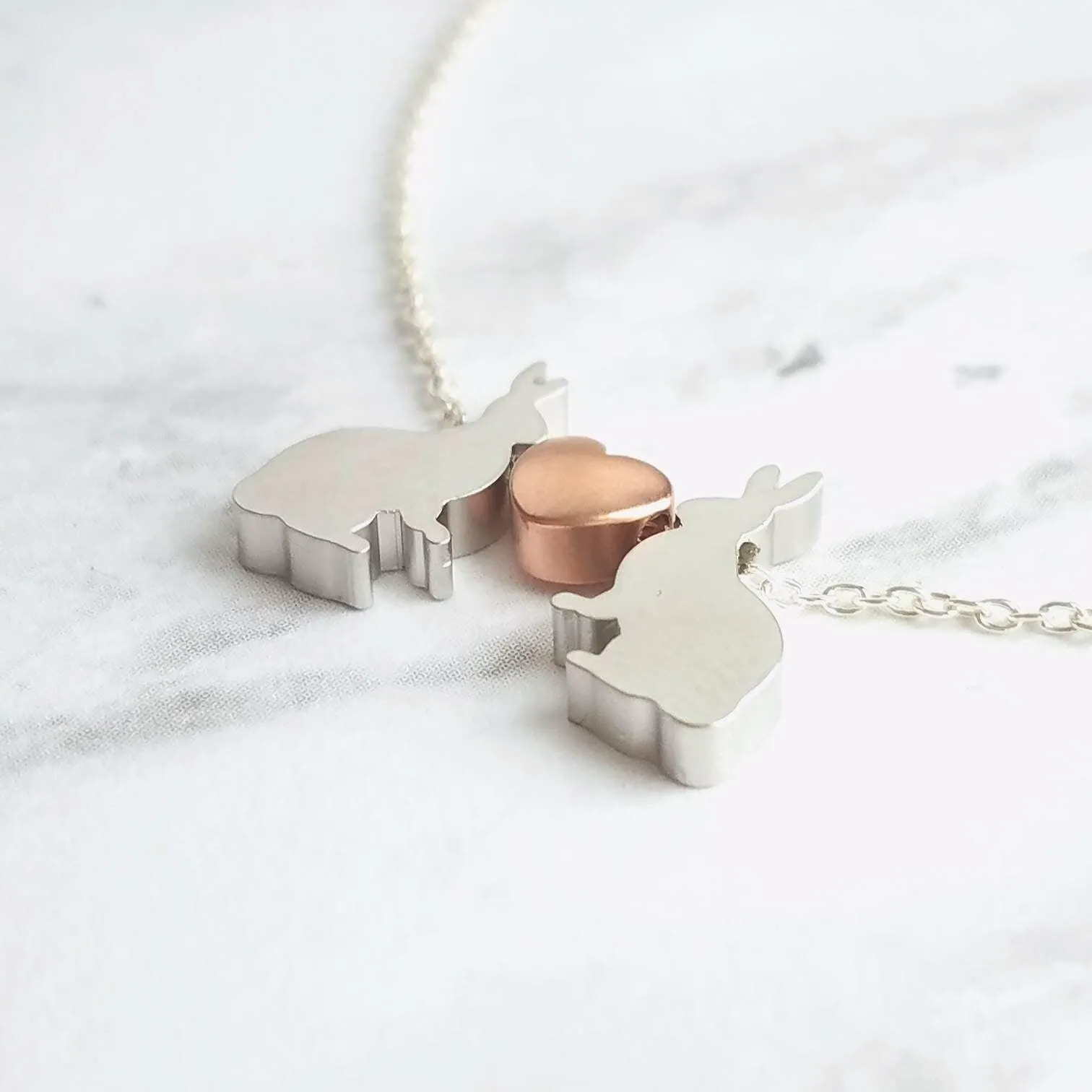 Bunny Necklace, small silver rabbit necklace, rose gold heart charm, .925 sterling silver chain, bunny love necklace, girlfriend Easter gift
