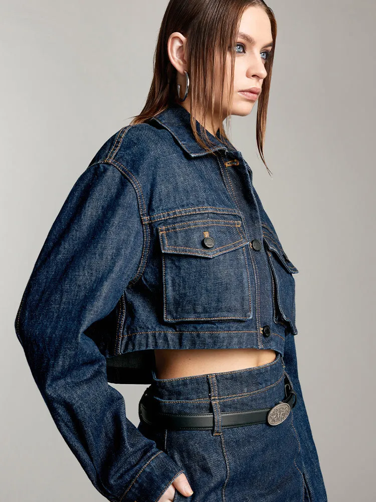 Cargo Style Denim Jacket With Pockets