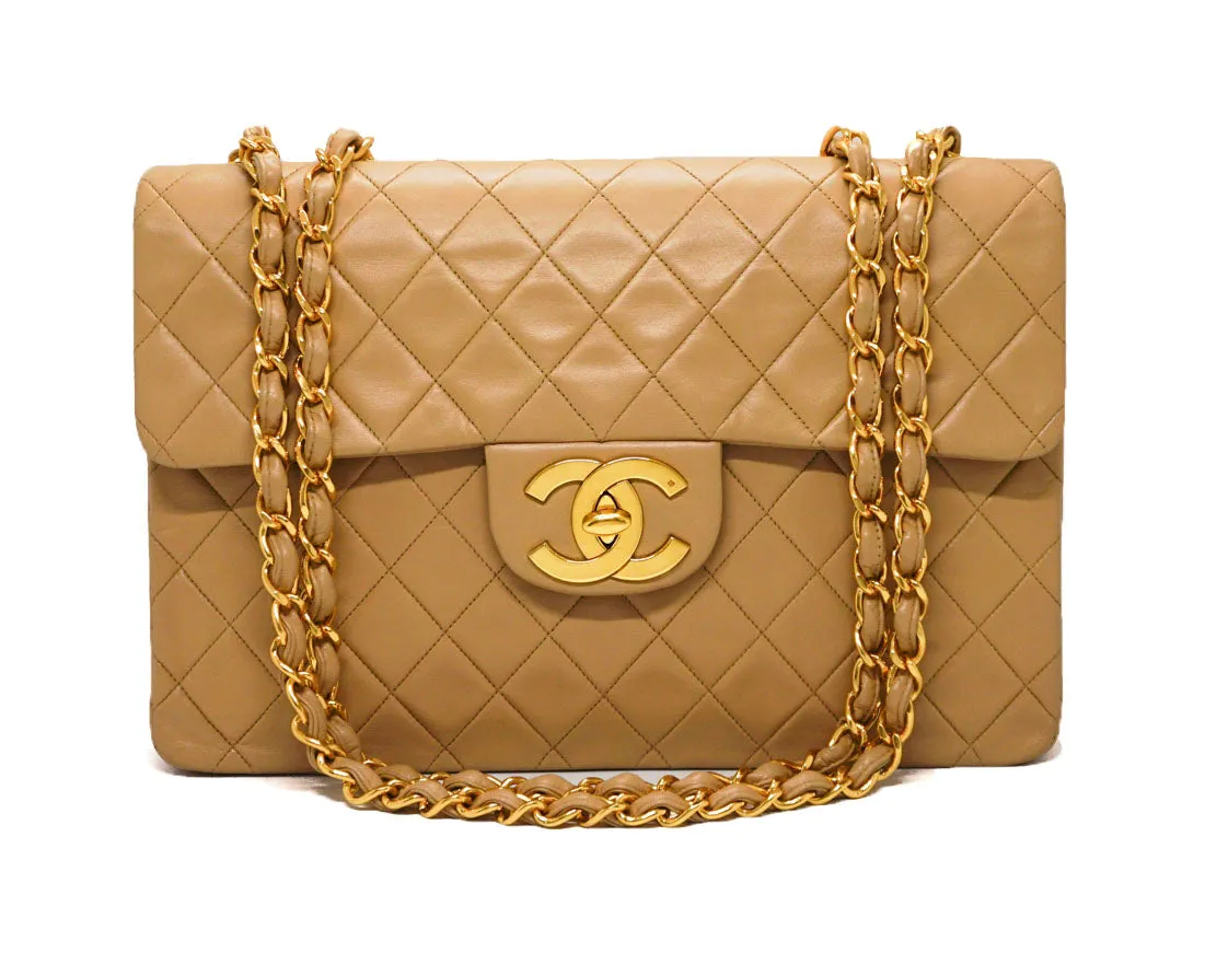 Chanel Vintage Rare Beige Lambskin XL CC Maxi Jumbo