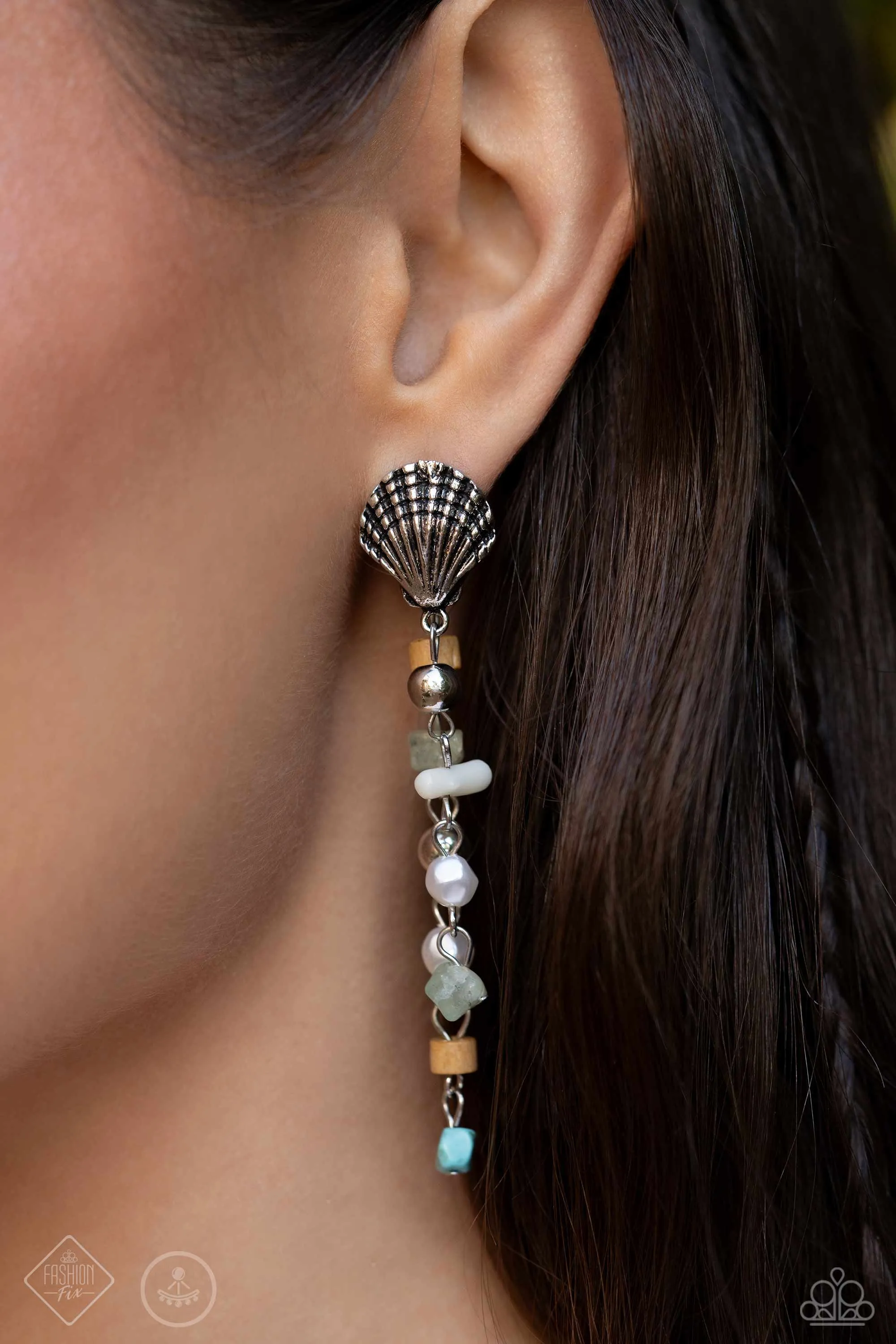 Coastline Collection - Multi - Turquoise and Jade Stone, Seashell Paparazzi Ear Jacket Earrings - March 2024 Simply Santa Fe