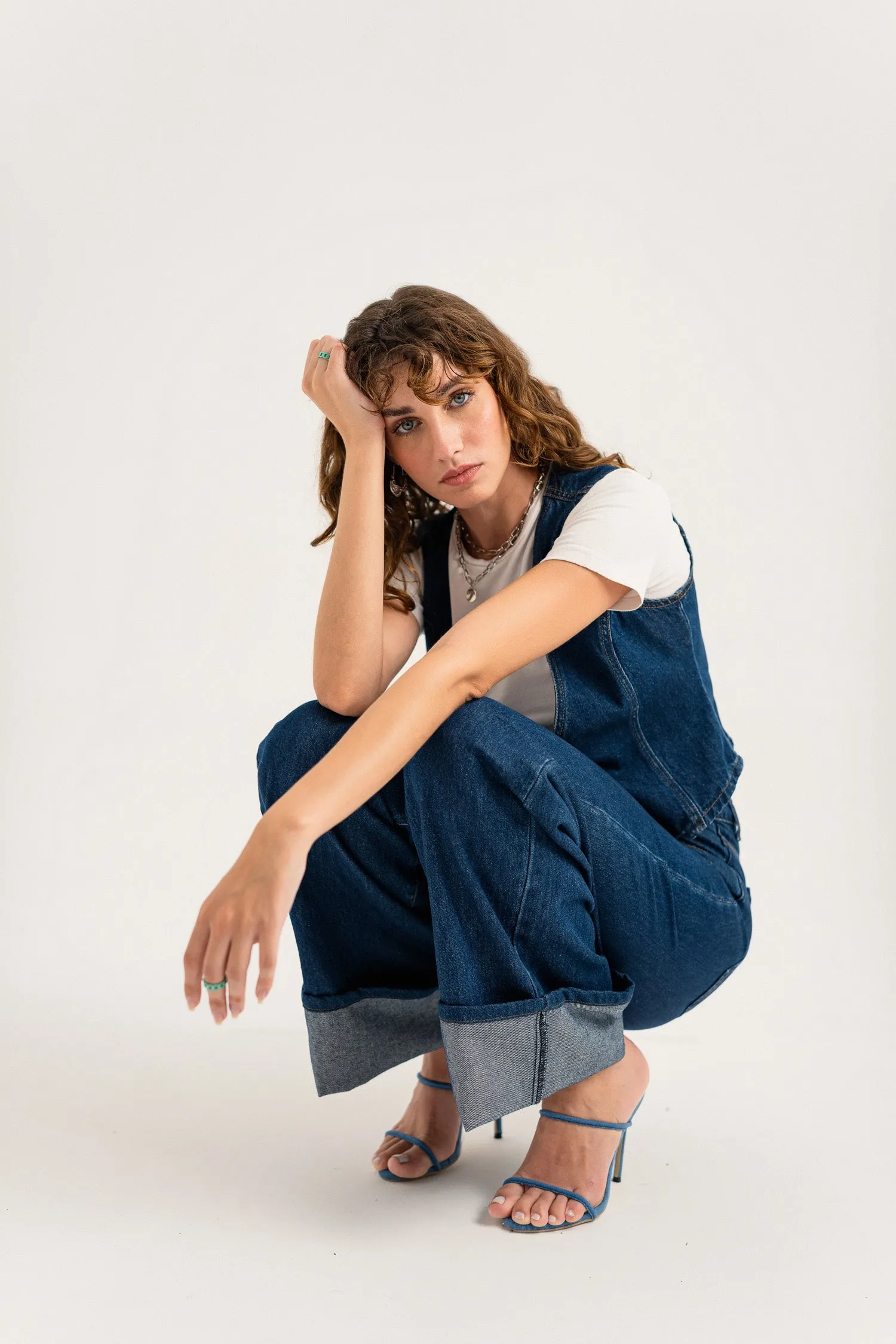 Dark Blue Turn Over Hem Wide Leg Jeans