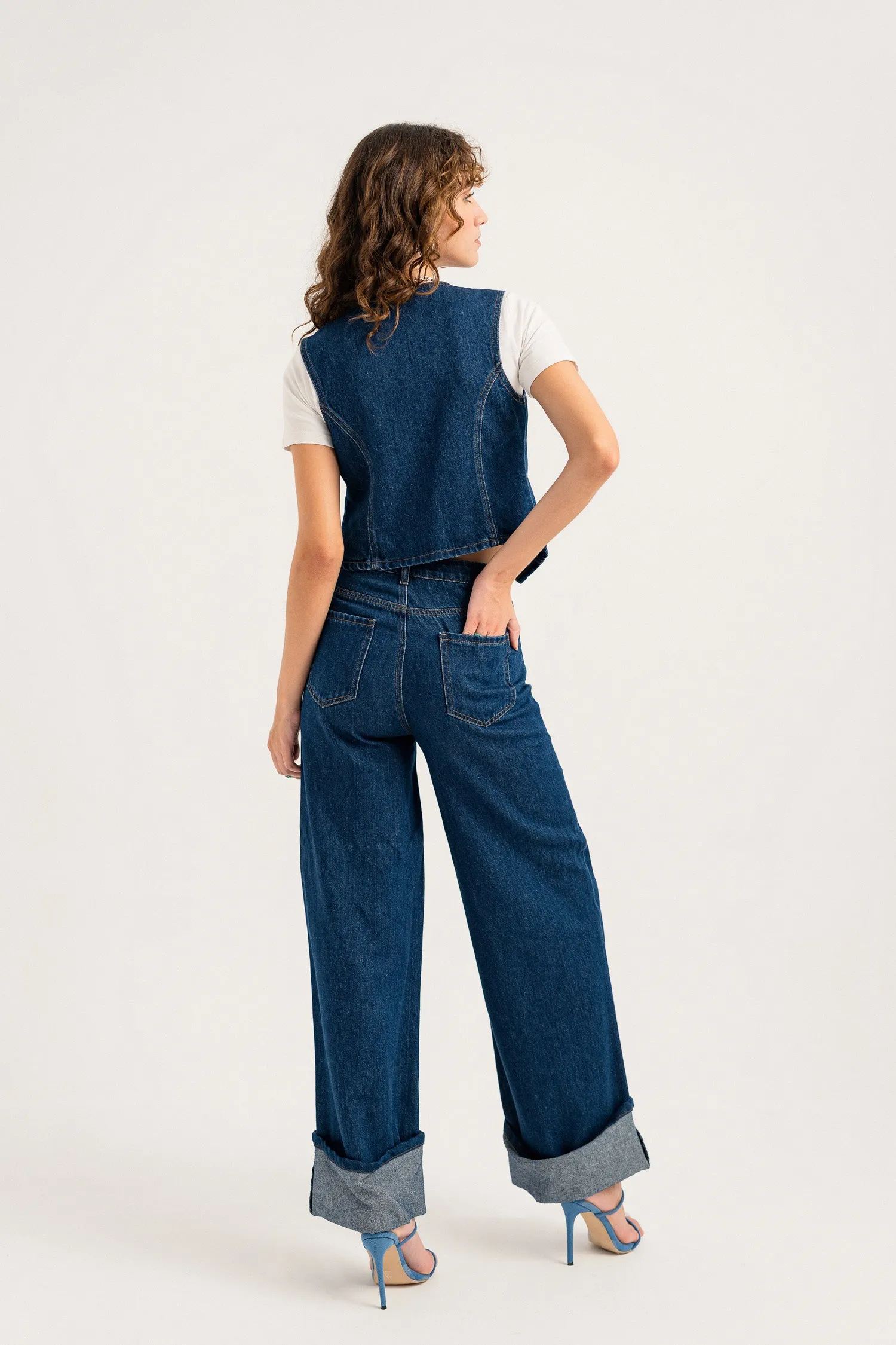 Dark Blue Turn Over Hem Wide Leg Jeans