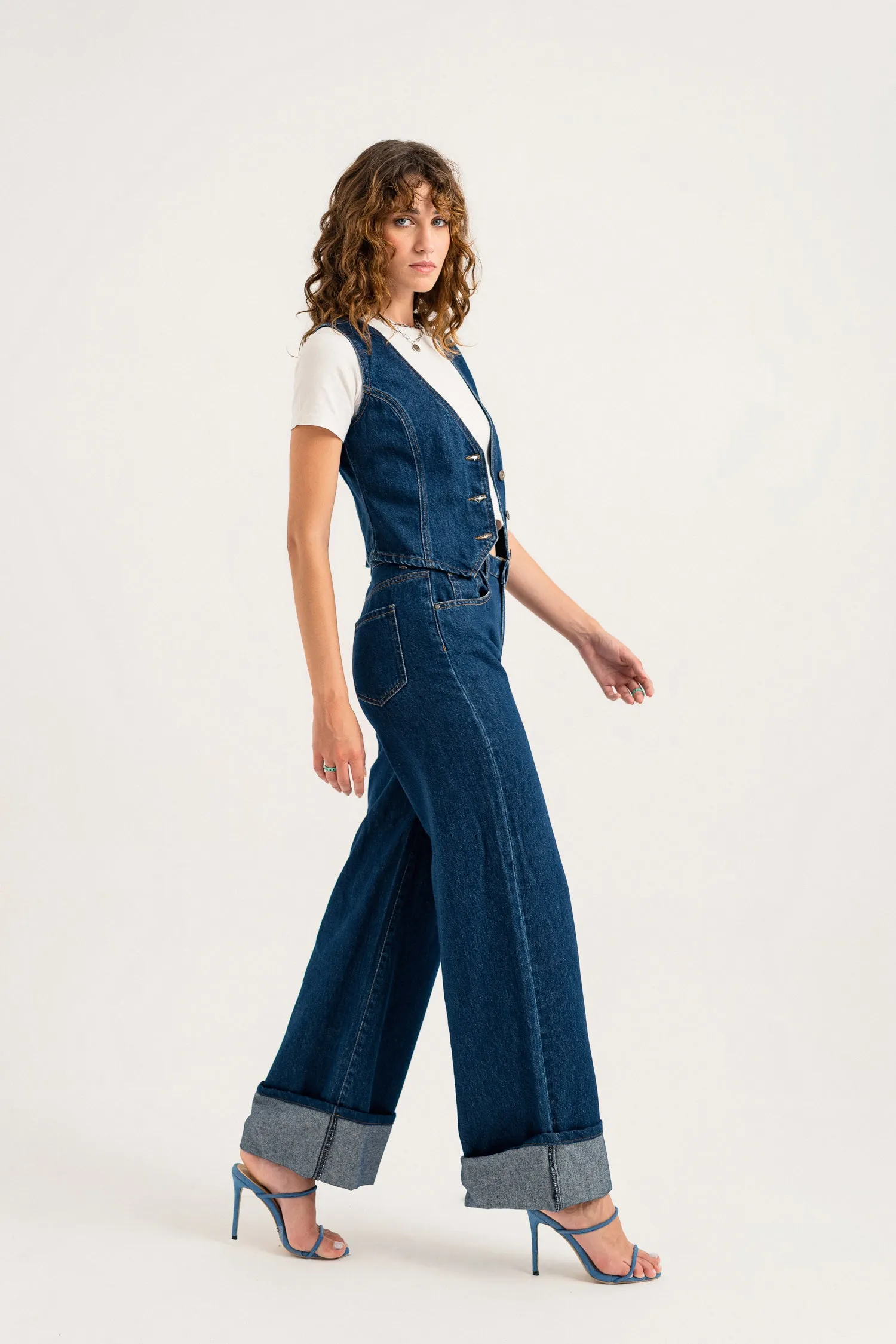 Dark Blue Turn Over Hem Wide Leg Jeans
