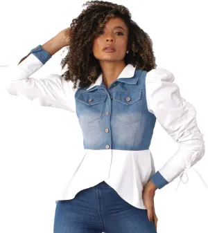 Denim Contrast Peplum Button-Up Top -82046