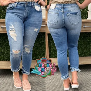 Distressed Light Wash Fringe Bottom Kancan Jeans