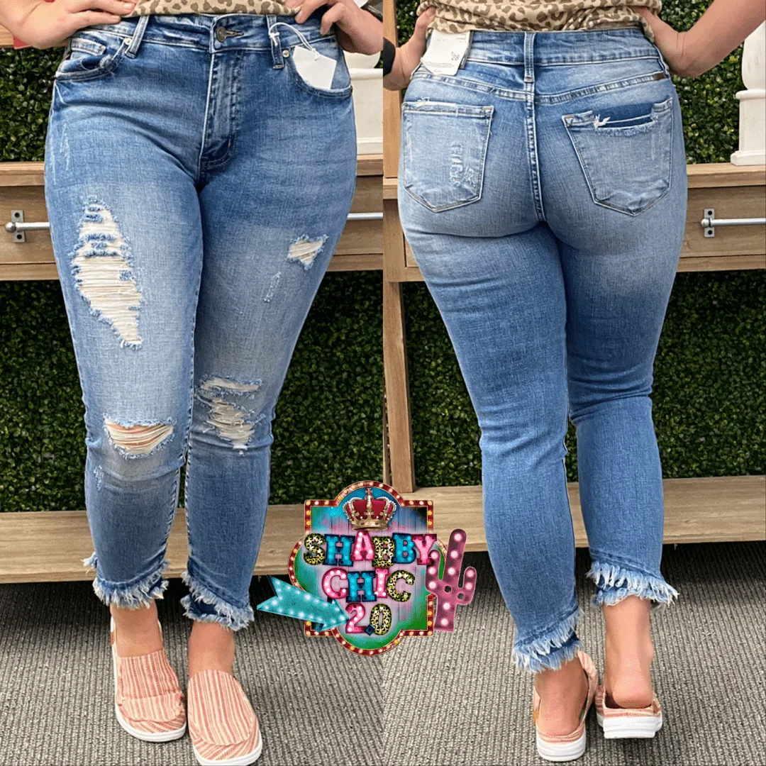 Distressed Light Wash Fringe Bottom Kancan Jeans