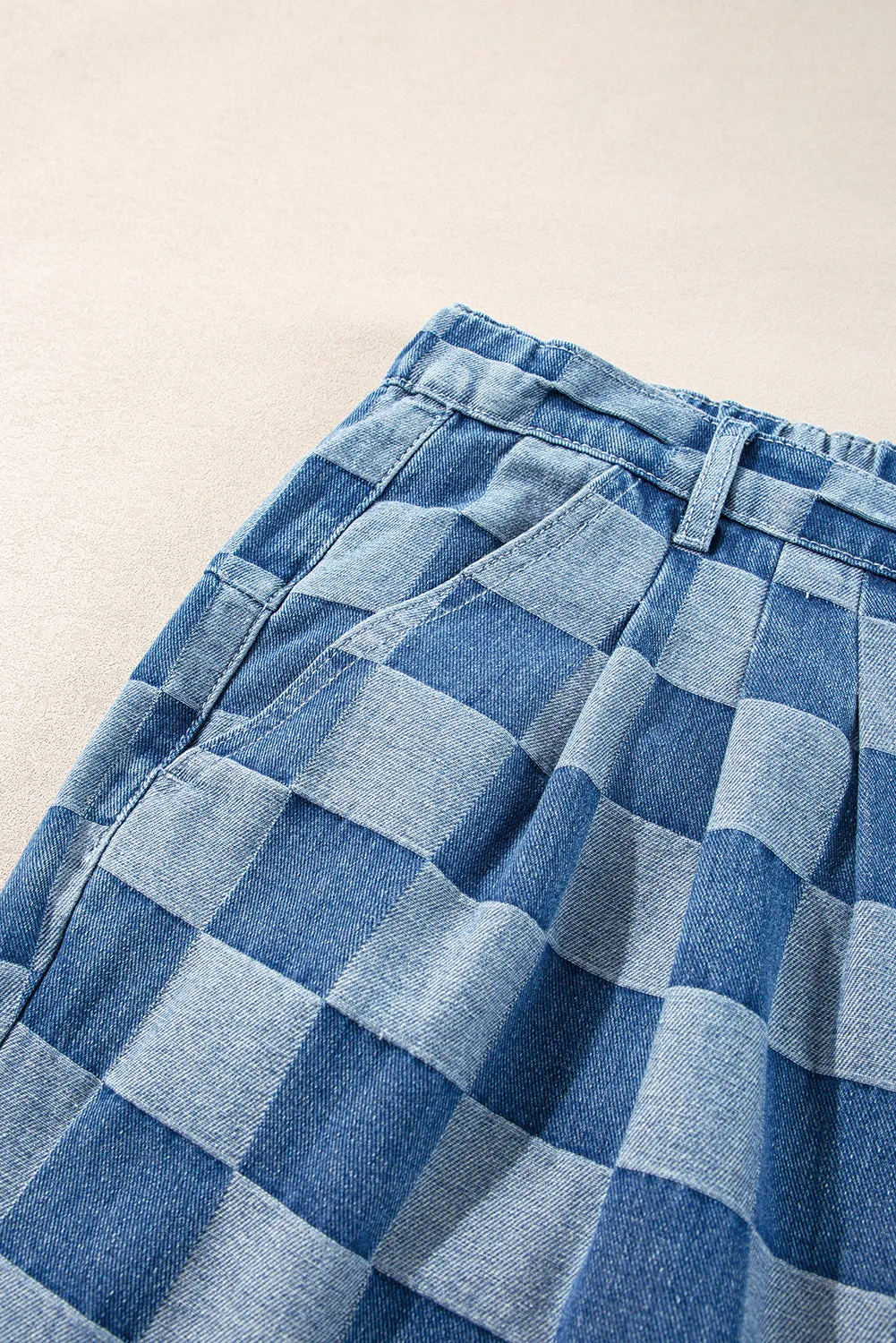 Dusk Blue Checkered Light Washed Wide Leg Jeans