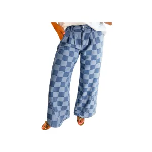 Dusk Blue Checkered Light Washed Wide Leg Jeans