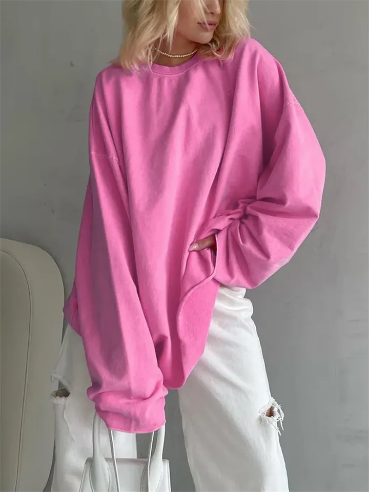 Female Leisure Pink Round Neck Long Sleeve T-shirts
