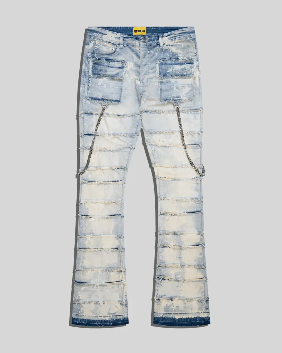 Gftd Chained Distressed Stacked Flare Light Wash