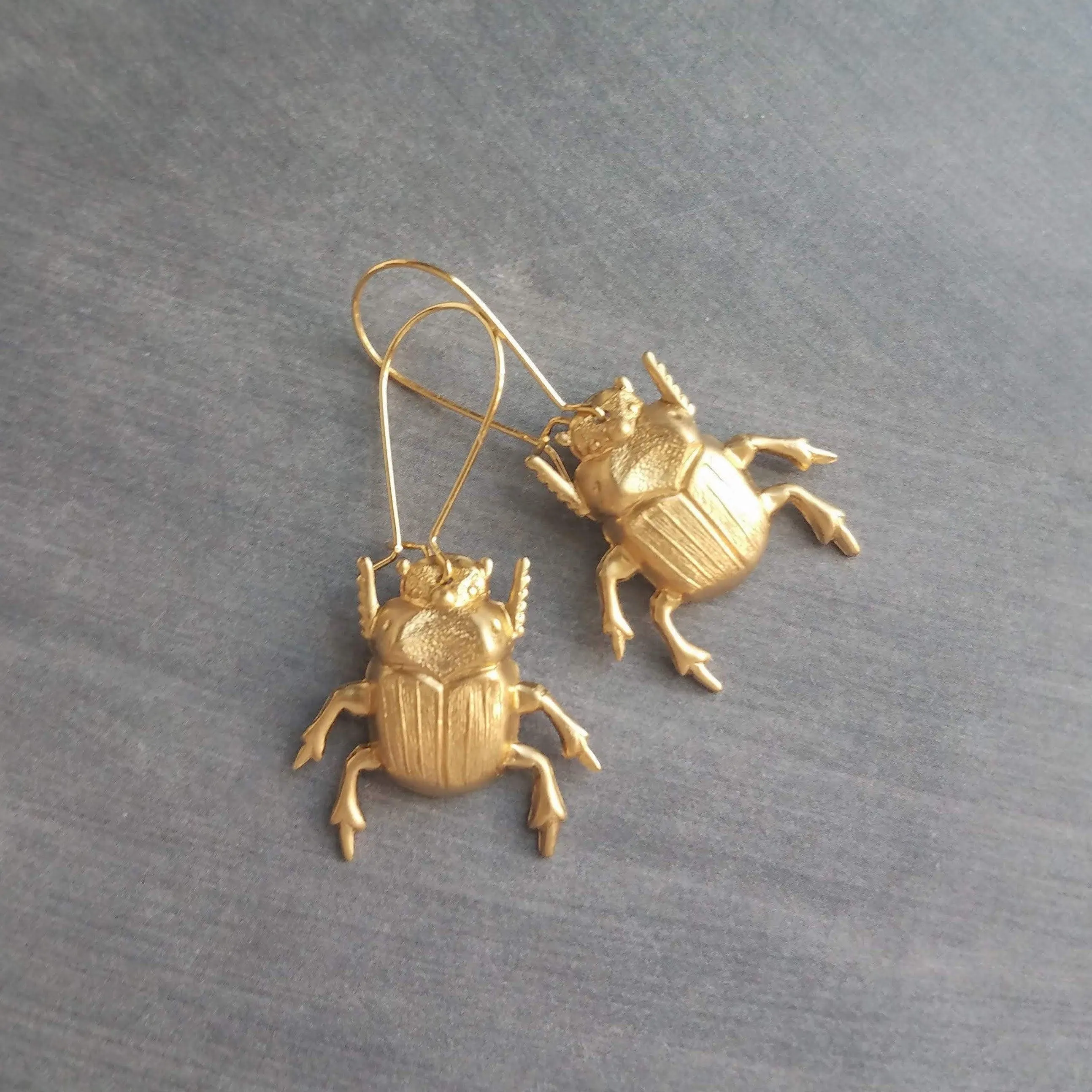 Gold Beetle Earrings, large beetle earring, gold insect earring, big bug earring, insect jewelry, gold bug dangle, latching kidney ear hook