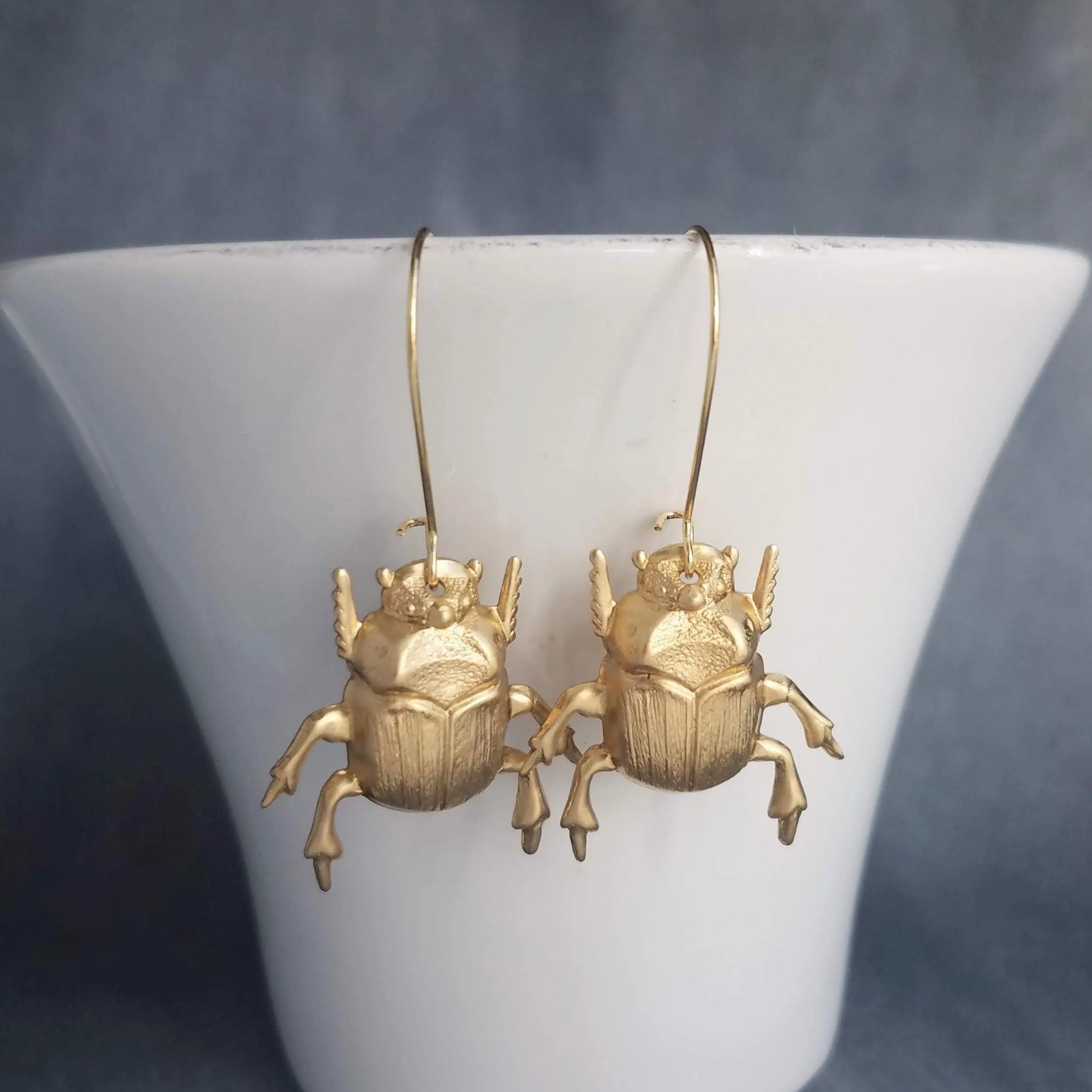 Gold Beetle Earrings, large beetle earring, gold insect earring, big bug earring, insect jewelry, gold bug dangle, latching kidney ear hook
