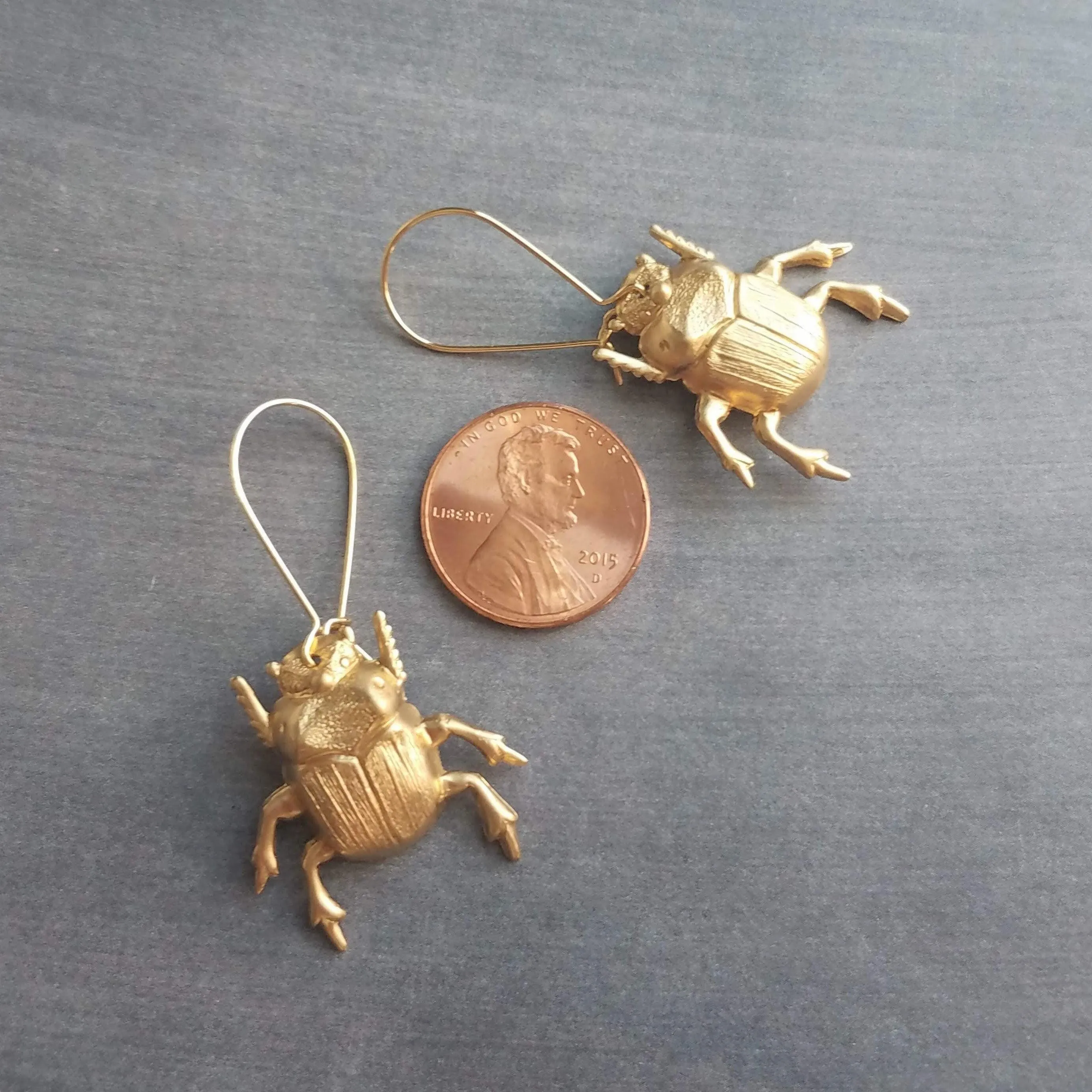 Gold Beetle Earrings, large beetle earring, gold insect earring, big bug earring, insect jewelry, gold bug dangle, latching kidney ear hook