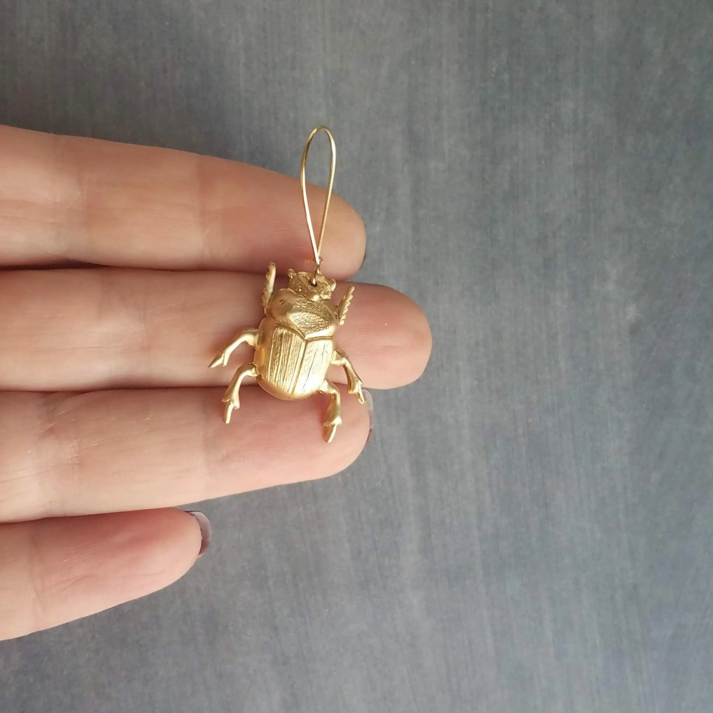 Gold Beetle Earrings, large beetle earring, gold insect earring, big bug earring, insect jewelry, gold bug dangle, latching kidney ear hook