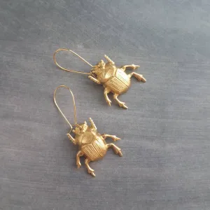 Gold Beetle Earrings, large beetle earring, gold insect earring, big bug earring, insect jewelry, gold bug dangle, latching kidney ear hook
